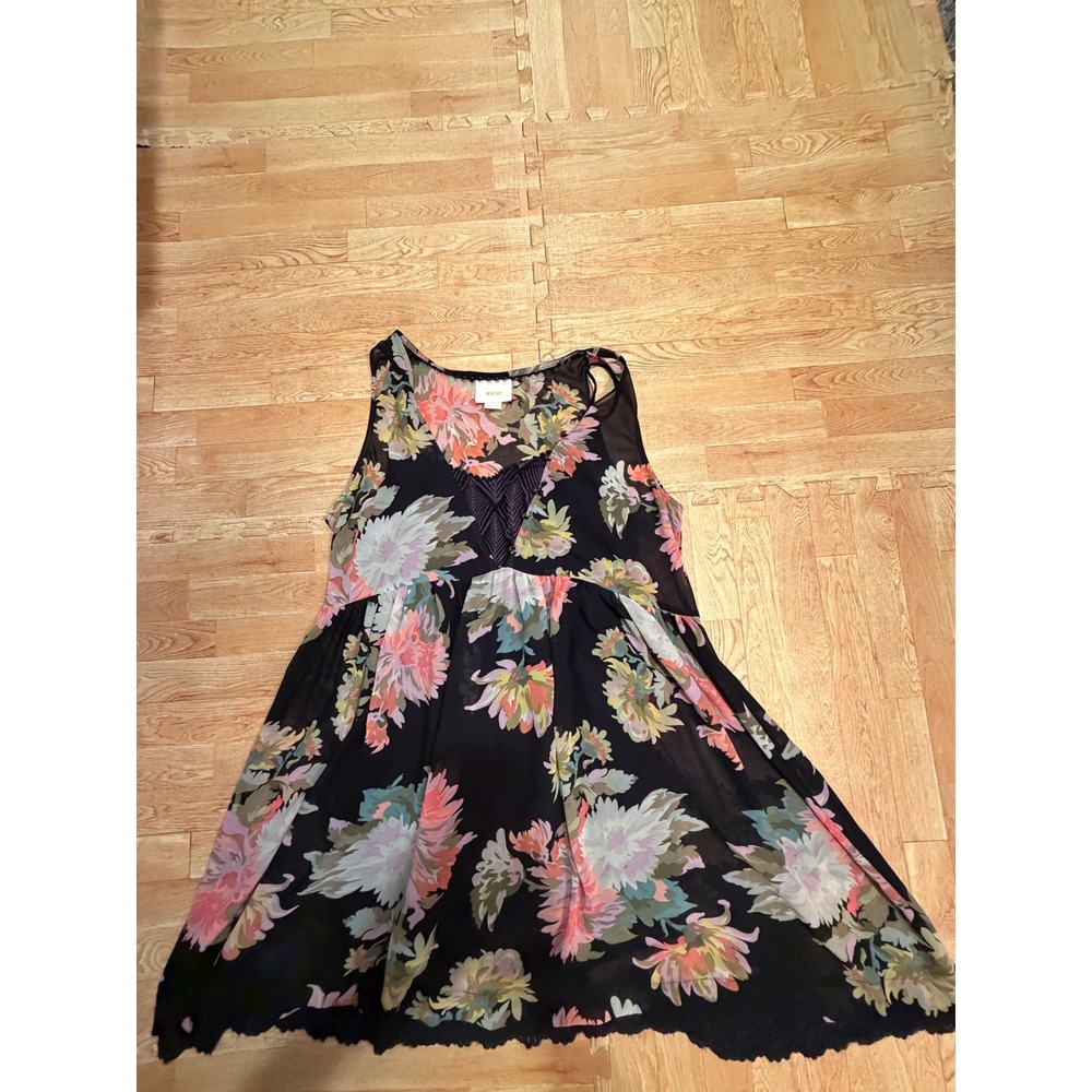 Maeve Anthropologie Floral Chiffon Babydoll Tunic Top Black Pink Lace Trim Med
